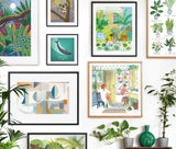 Red Gate Arts Framed Print Gallery Wall featuring Bath time, Whale, Cat and Pond, Tropical Moon, Koala and Common House Plants designs