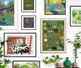 Red Gate Arts Framed Print Gallery wall featuring Animal Alphabet, Cat on Mat, Nightingale, Cat and Pond, Jaguar and Tropical Moon designs
