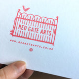 Close up of Red Gate Arts logo stamp on back of A3 art print