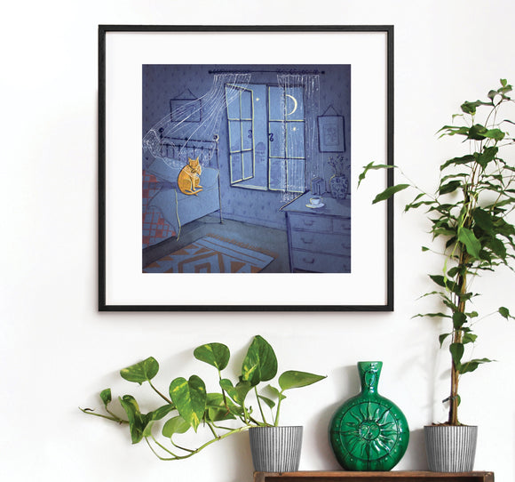 Square black framed Cat at Night art print by Kate Sampson for Red Gate Arts
