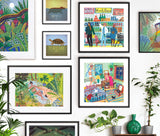 Red Gate Arts Gallery wall featuring framed Sunbathing, Be Yourself, Getting Ready, Tortoise, Hippo, Tropical Moon and Gardening designs by Kate Sampson for Red Gate Arts