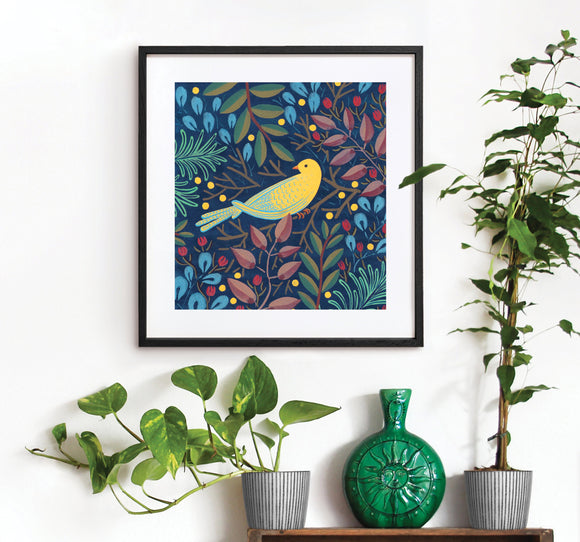 Black framed square Canary art print by Kate Sampson for Red Gate Arts
