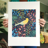 Hand held Canary art print by Kate Sampson for Red Gate Arts