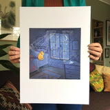 Hand held Cat at Night art print by Kate Sampson for Red Gate Arts