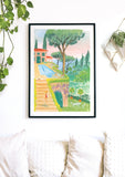 Amalfi Coast Art print by Kate Sampson for Red Gate Arts. Painting of Sunny Italian Swimming Pool 