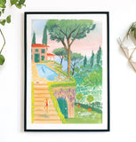 Amalfi Coast Art print by Kate Sampson for Red Gate Arts. Painting of Sunny Italian Swimming Pool